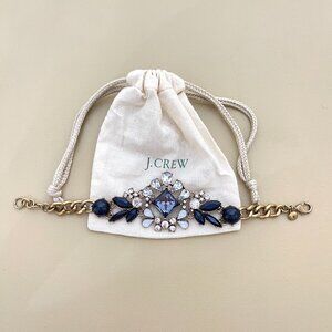J. Crew Bracelet Statement Blue Clear Crystals Gold with Pouch